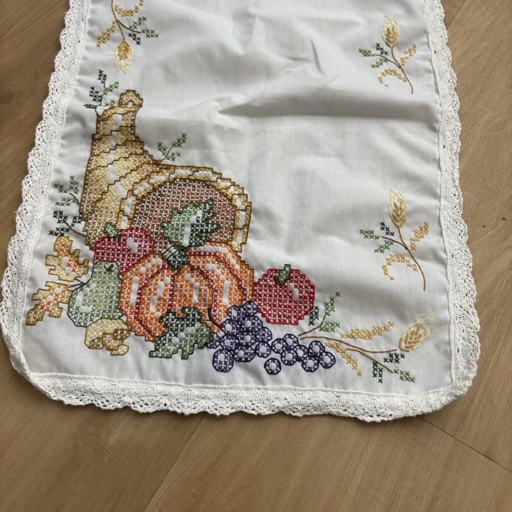 Cross Stitch Thanksgiving Table Runner Dresser Scarf Fall Autumn Cornucopia 42